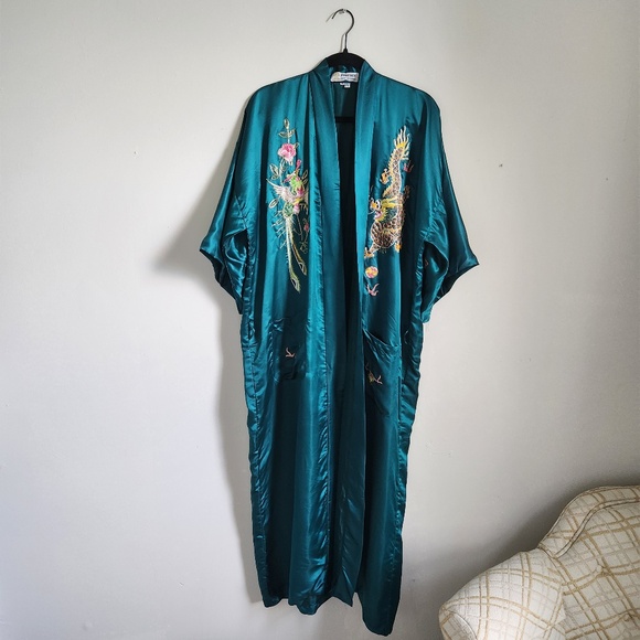 Vintage Silk Robe Phoenix Dragon Motif Teal Blue Medium